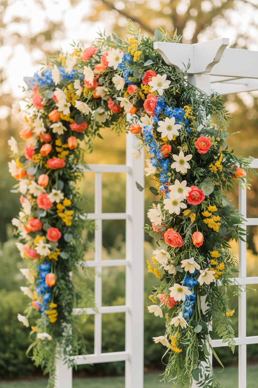 Bright Summer Wedding Arch Garland – Cream Daisy + Coral + Cobalt Blue + Yellow + Lush Greenery
