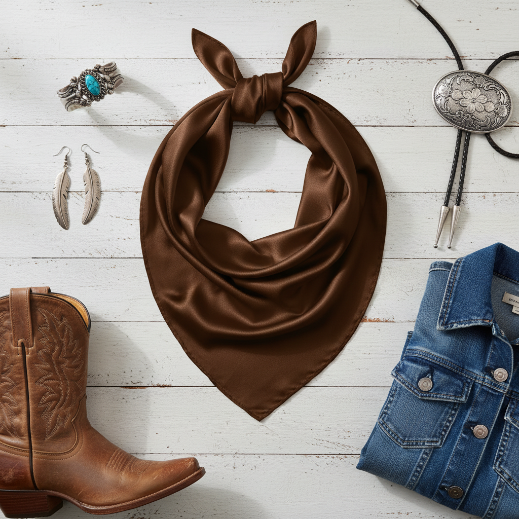 Brown satin scarf 19x19 flat lay with western accessories