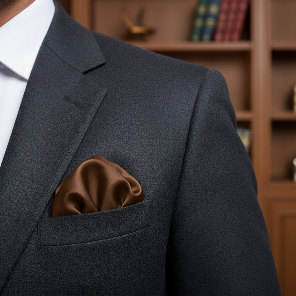 Brown satin scarf 19x19 folded as pocket square in blazer