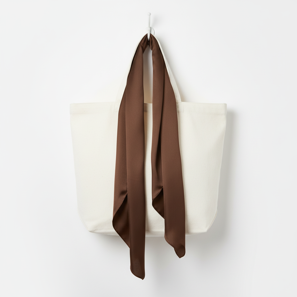 Brown satin scarf 19x19 tied on white purse draping down