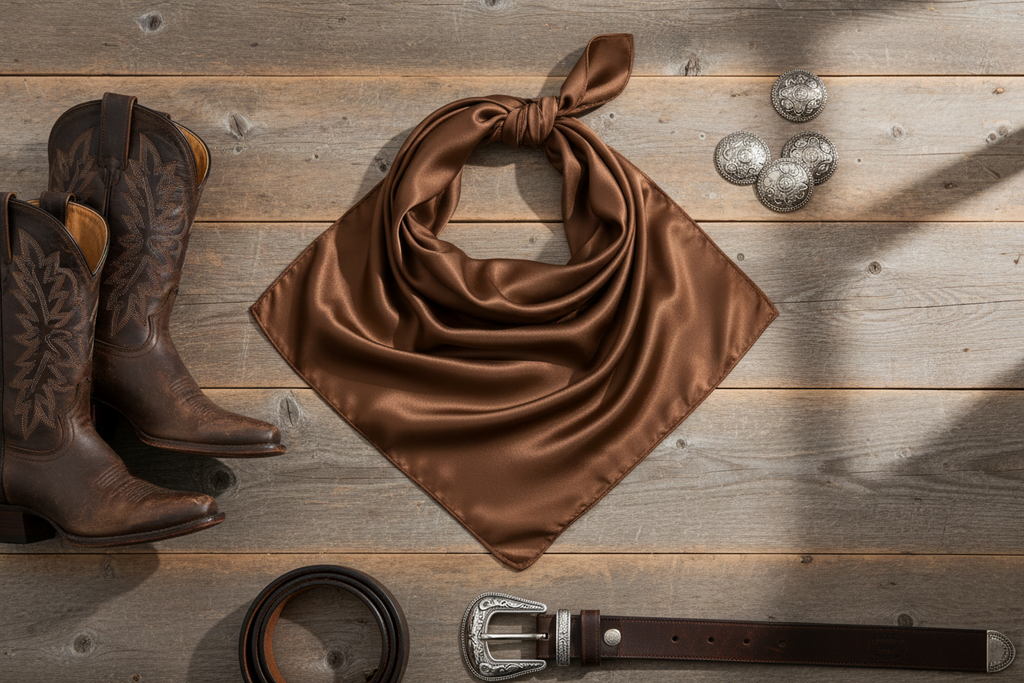 Brown wild rag 23x23 laid flat in square shape with western accessories