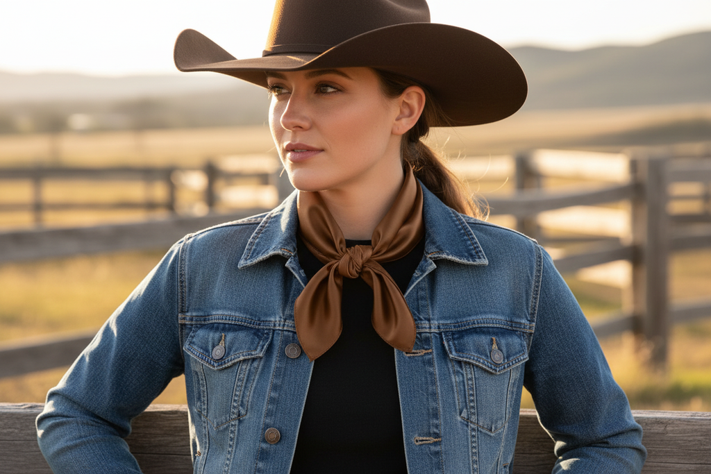 Brown wild rag 23x23 scarf wrapped around cowgirl's neck
