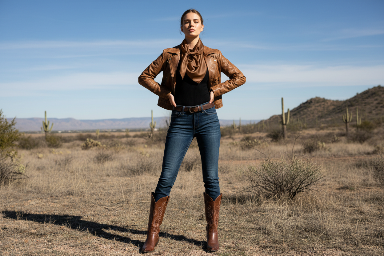Brown wild rag 23x23 styled with leather jacket and boots