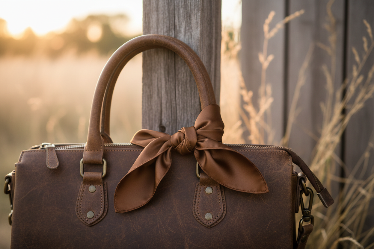 Brown wild rag 23x23 tied on western leather purse
