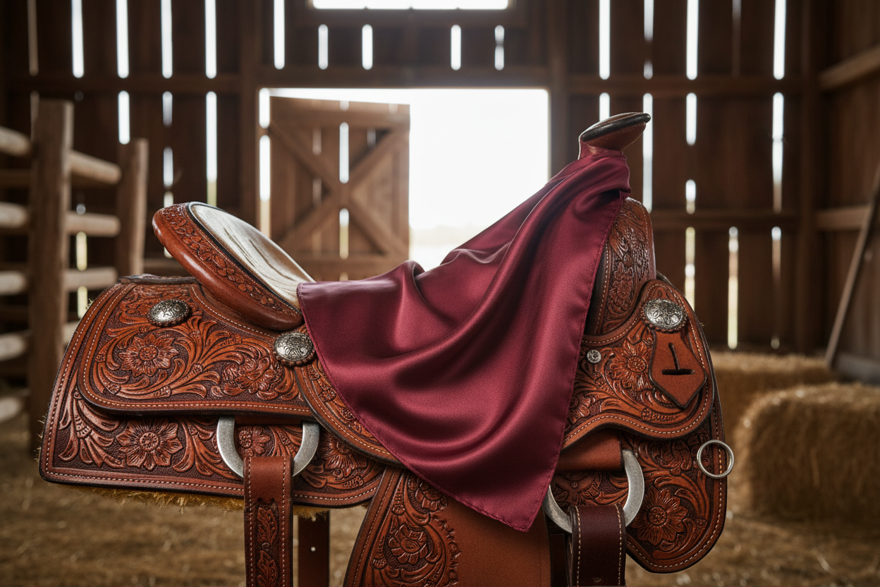 Burgundy wild rag 23x23 draped over western saddle with tack