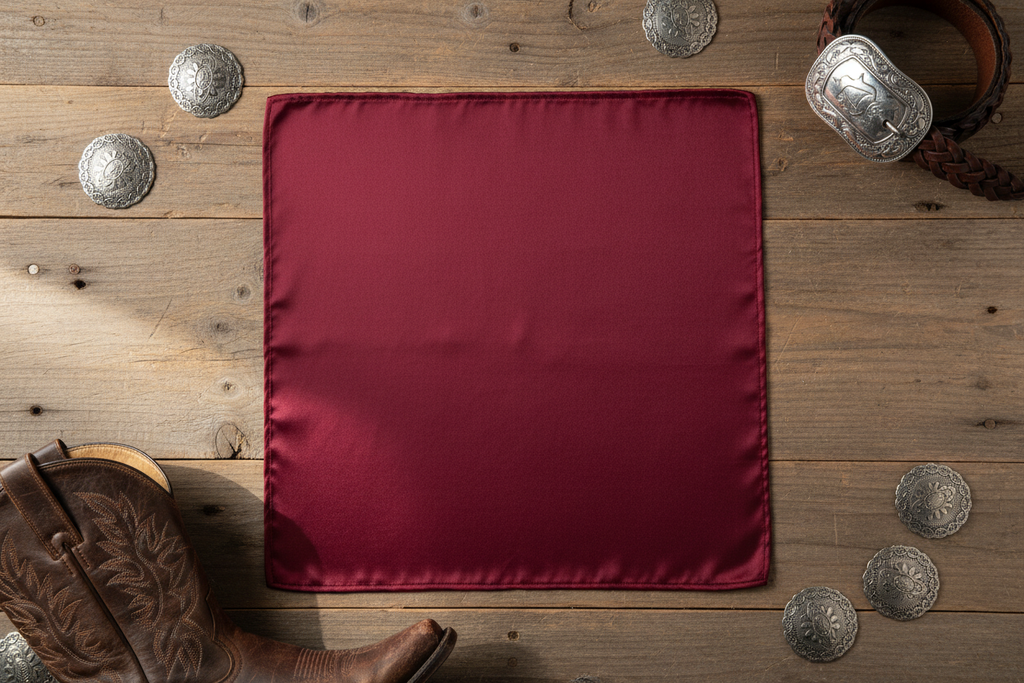Burgundy wild rag 23x23 laid flat in square shape with western accessories