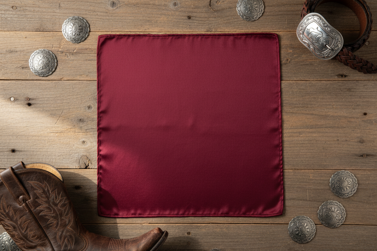 Burgundy wild rag 23x23 laid flat in square shape with western accessories