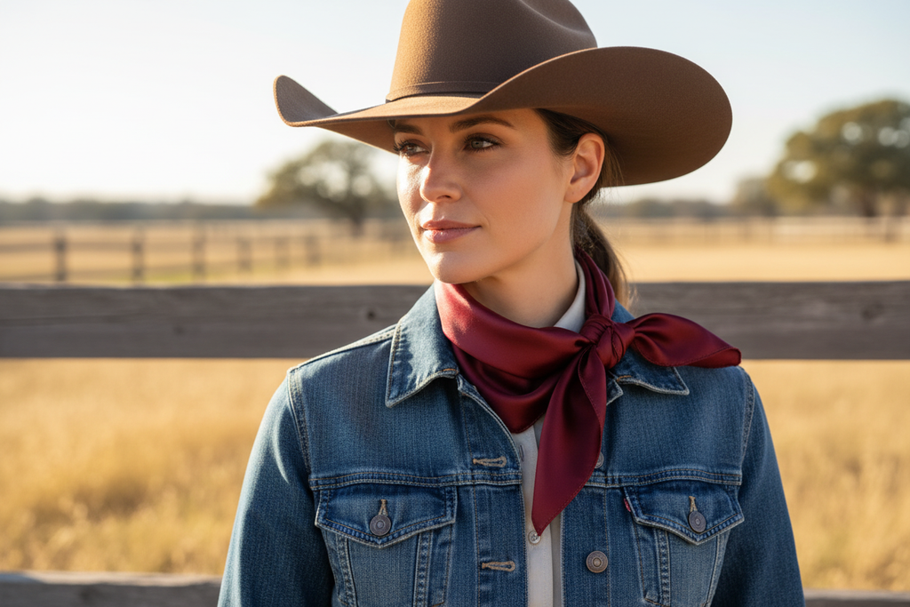 Burgundy wild rag 23x23 scarf wrapped around cowgirl's neck
