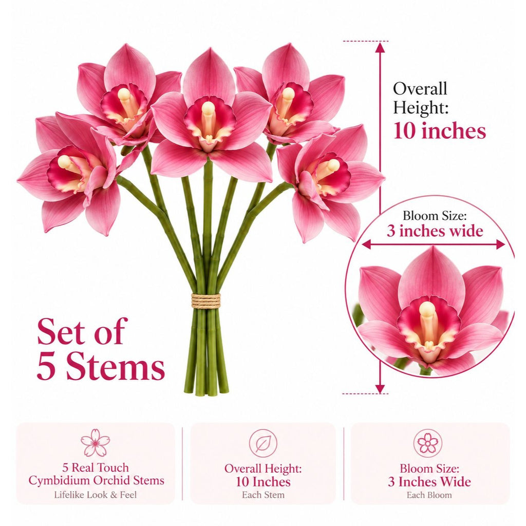 Hot Pink Real Touch Cymbidium Orchid Stems, Set of 5 Faux Flowers