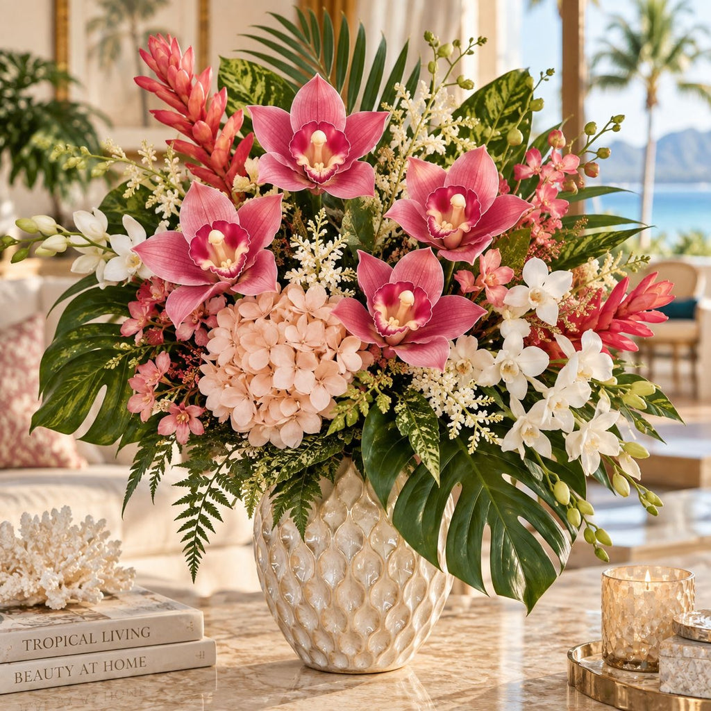 Hot Pink Real Touch Cymbidium Orchid Stems, Set of 5 Faux Flowers