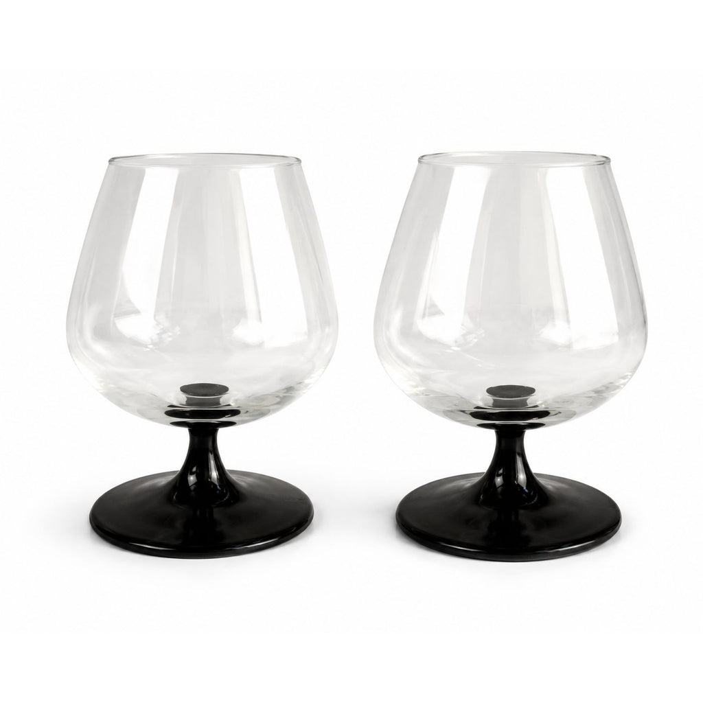 Vintage Luminarc Domino Cognac Glasses Set of 2, Black Stem French Brandy Snifters