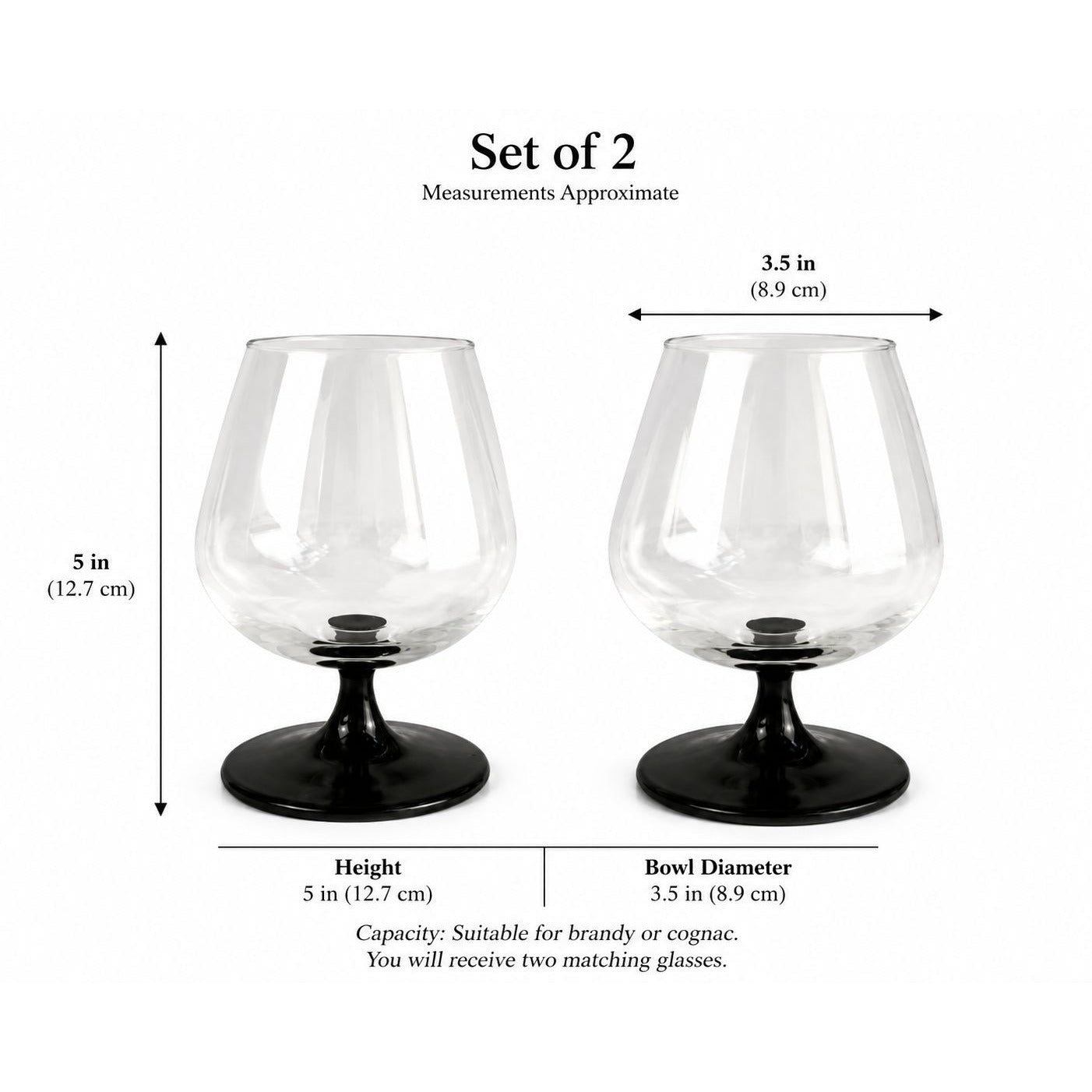 Vintage Luminarc Domino Cognac Glasses Set of 2, Black Stem French Brandy Snifters