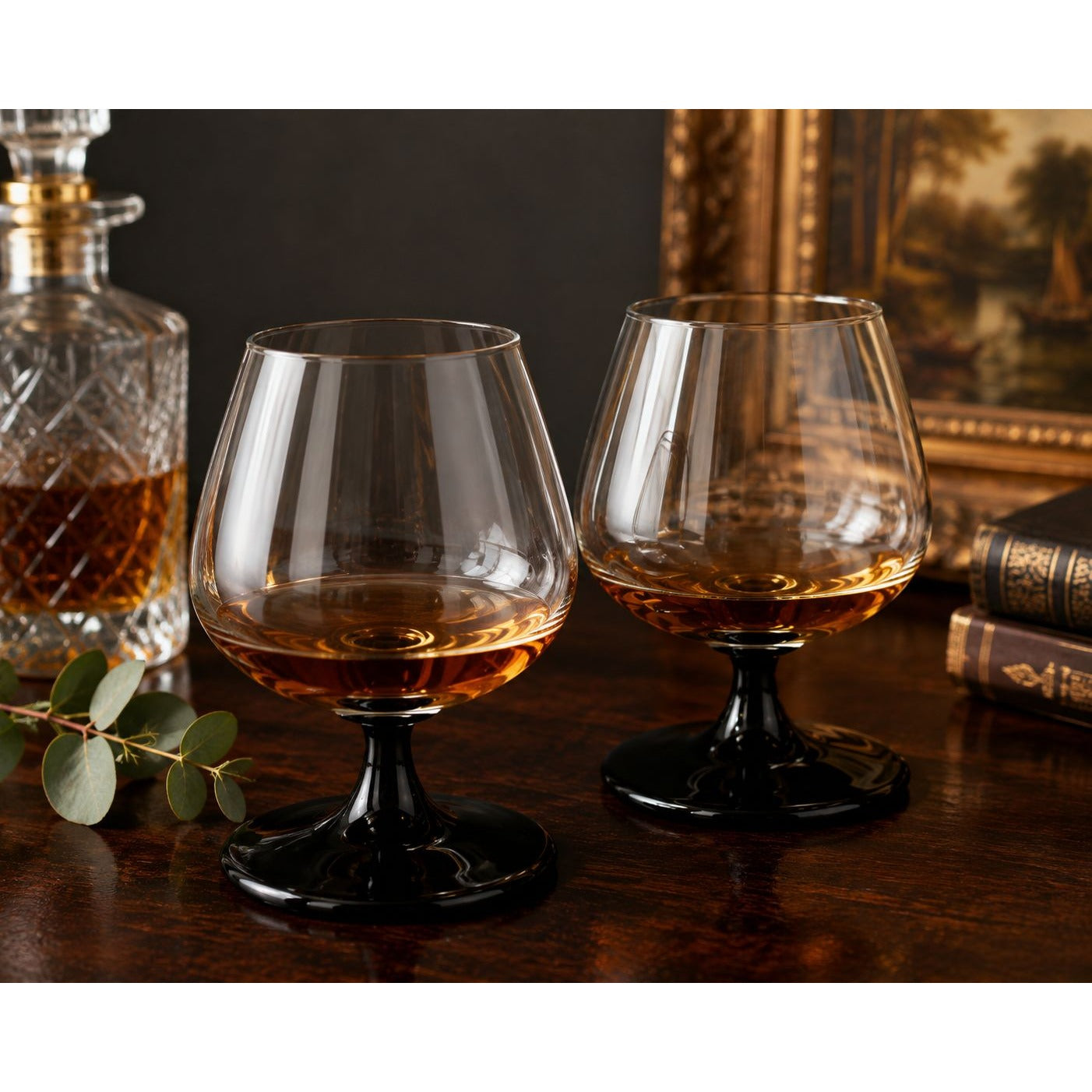 Vintage Luminarc Domino Cognac Glasses Set of 2, Black Stem French Brandy Snifters
