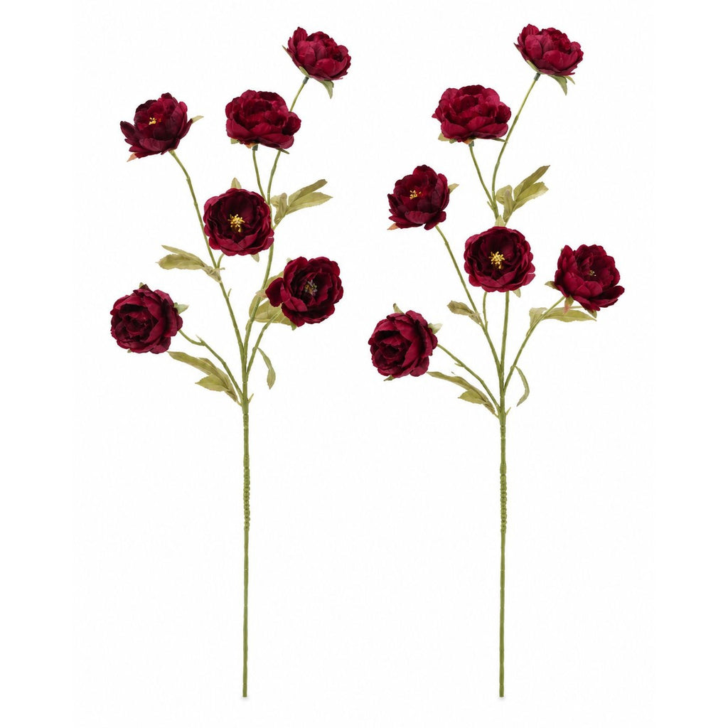 Burgundy Dark Red Ranunculus Peony Stems Set of 2, 30 in Artificial Fall Flowers for Wedding Bouquets Wreaths