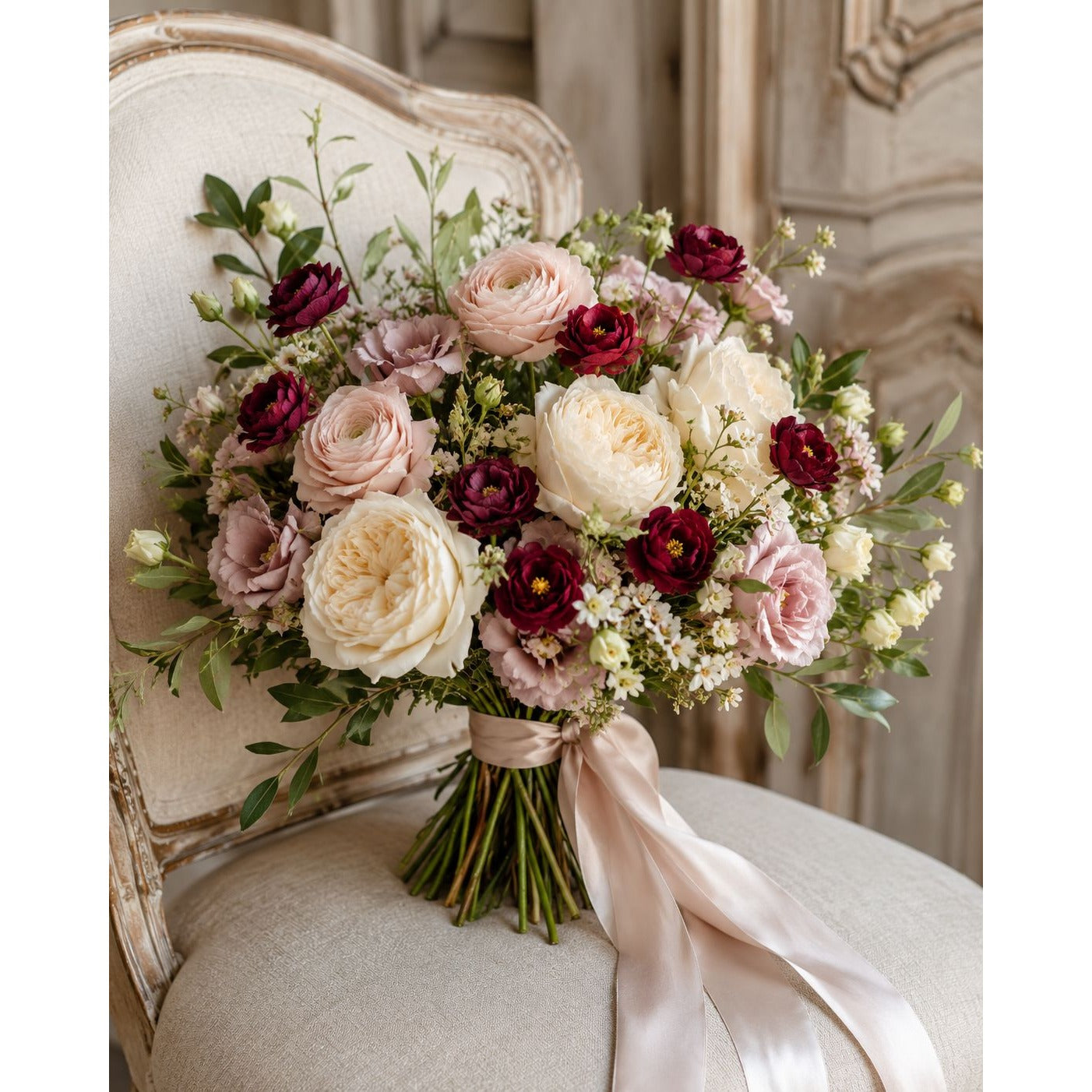 A bridal bouquet of blush pink, deep burgundy, and cream roses with green foliage and a pale pink satin ribbon, resting on an antique-style beige armchair.