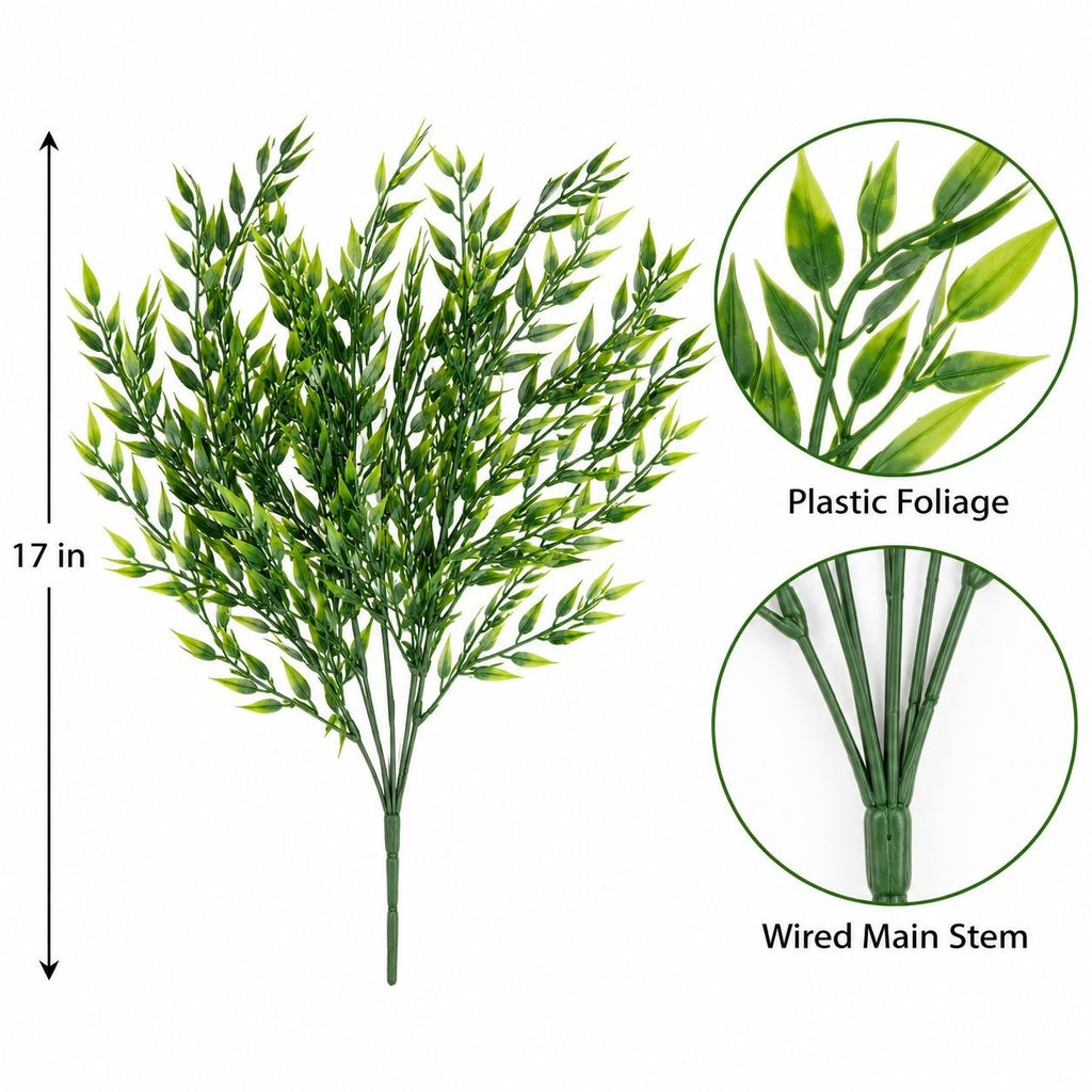 Green artificial leafy plant with a 17-inch height marker, showing two circular detail insets labeled 'Plastic Foliage' and 'Wired Main Stem' on a white background.