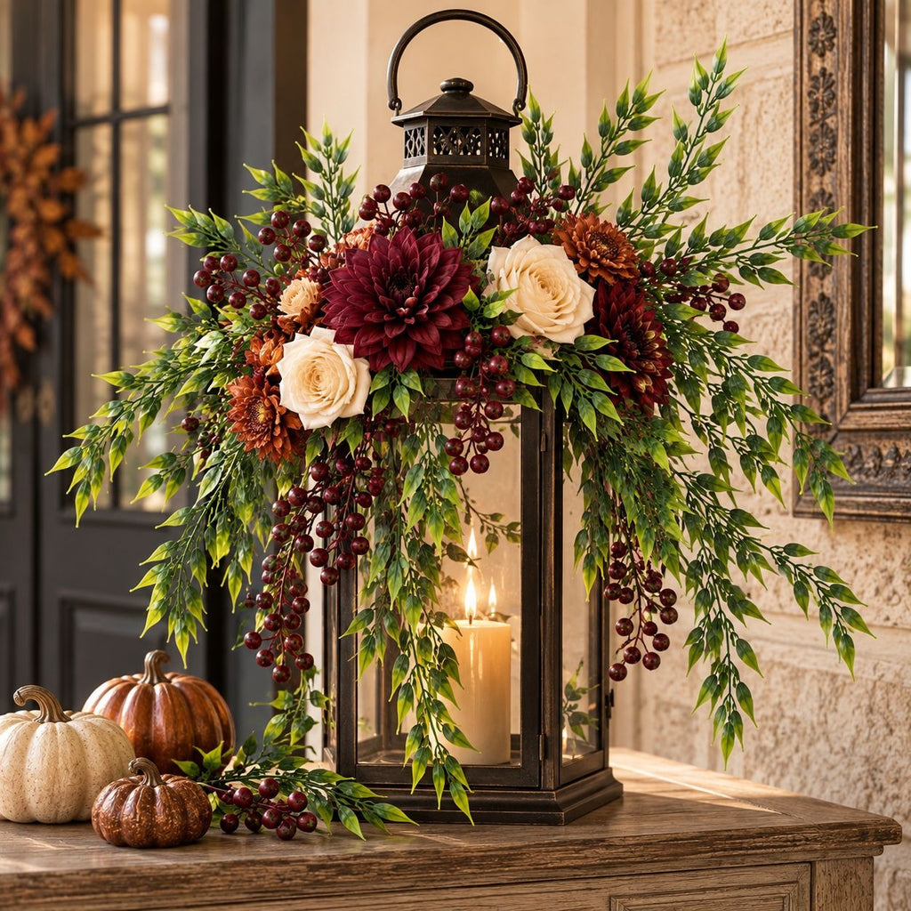 A decorative black metal lantern filled with a lit candle, surrounded by an autumn floral arrangement with burgundy dahlias, cream roses, green foliage, and dark berries, displayed on a wooden table in a rustic indoor setting.