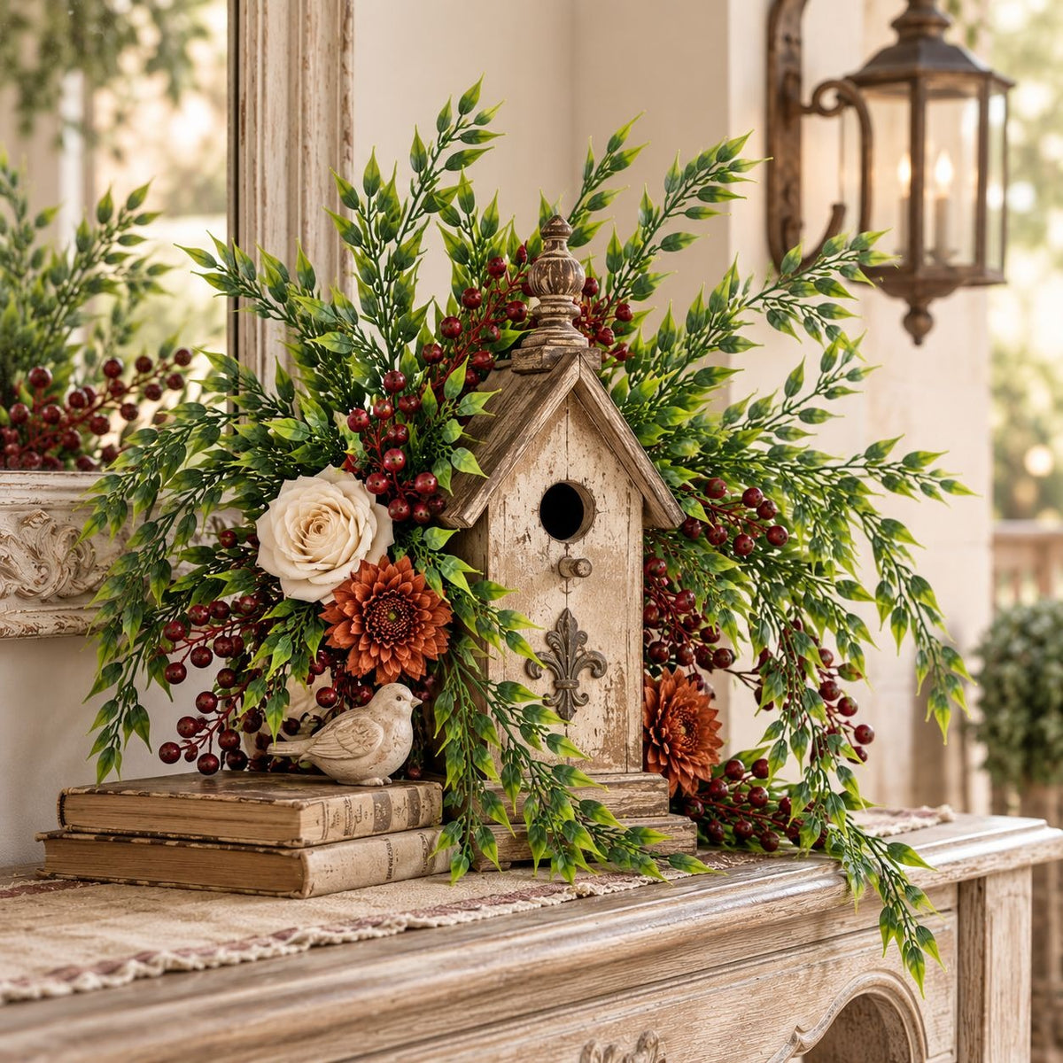 Rustic holiday birdhouse centerpiece on a wooden mantel, surrounded by green foliage, red berries, orange flowers, pinecones, and a small decorative bird figurine.