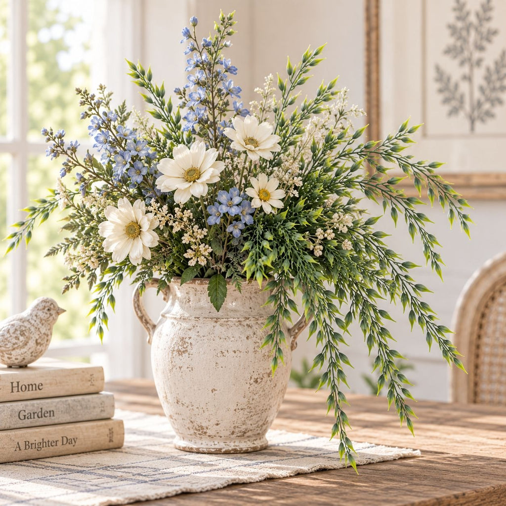 A rustic white ceramic vase filled with a lush floral arrangement of white daisies, light blue delphiniums, and green foliage, styled on a wooden table next to a small bird figurine and stacked books.