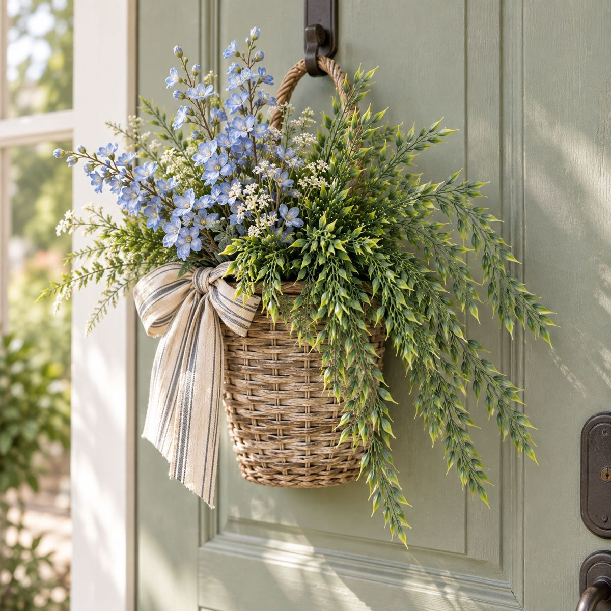 A hanging woven basket planter with a striped fabric bow, filled with green foliage and light blue flowers, attached to a green front door.