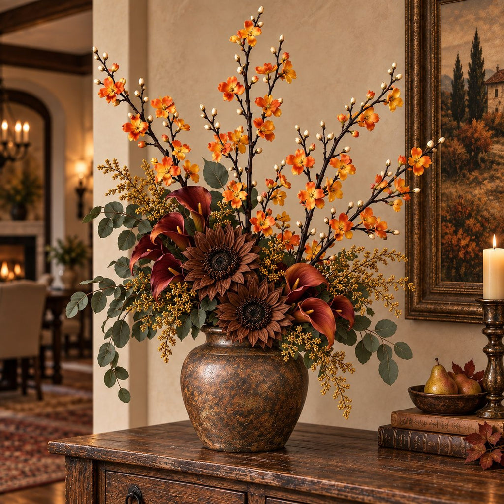 5 Artificial Orange Yellow Blossom Branch Stems, 22-Inch Faux Silk Flowers