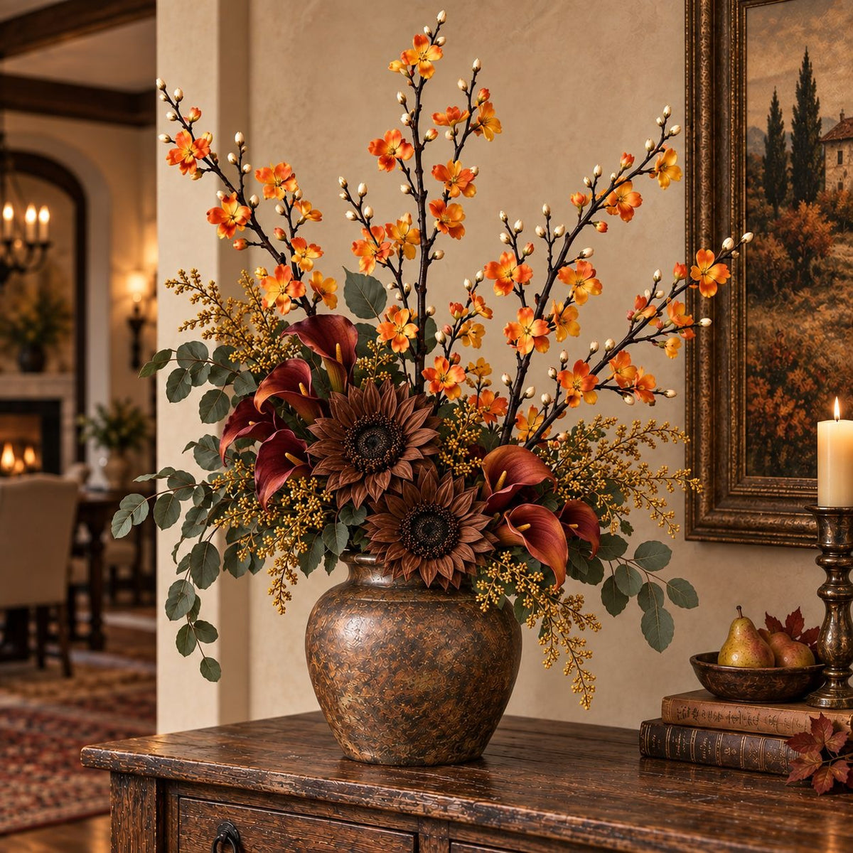 5 Artificial Orange Yellow Blossom Branch Stems, 22-Inch Faux Silk Flowers