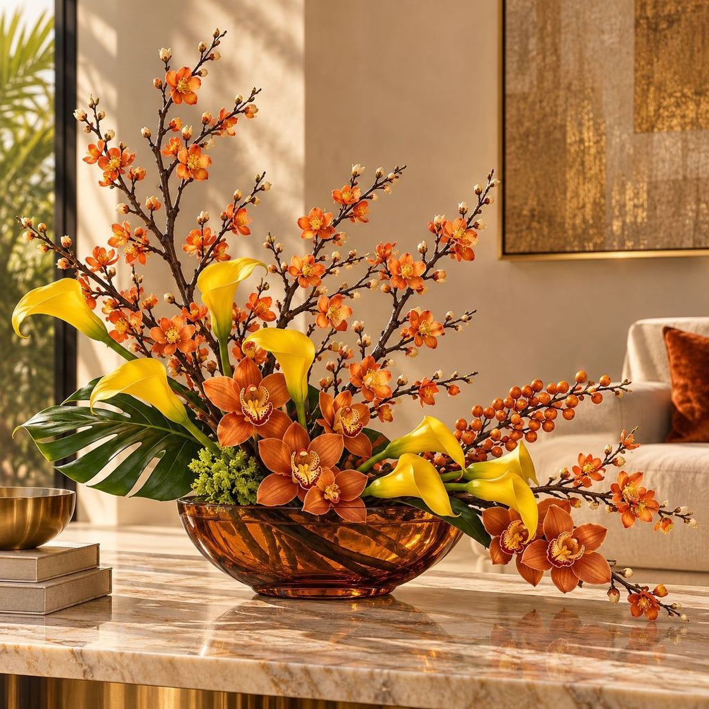 5 Artificial Orange Yellow Blossom Branch Stems, 22-Inch Faux Silk Flowers