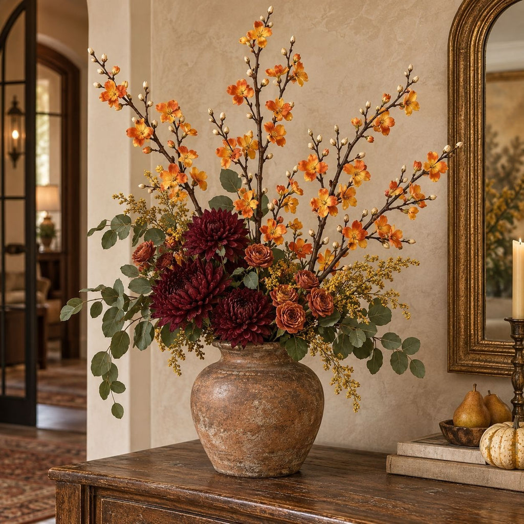 5 Artificial Orange Yellow Blossom Branch Stems, 22-Inch Faux Silk Flowers