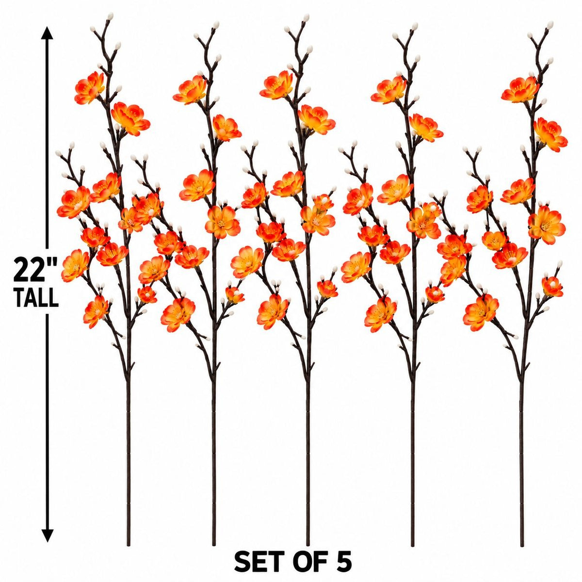5 Artificial Orange Yellow Blossom Branch Stems, 22-Inch Faux Silk Flowers