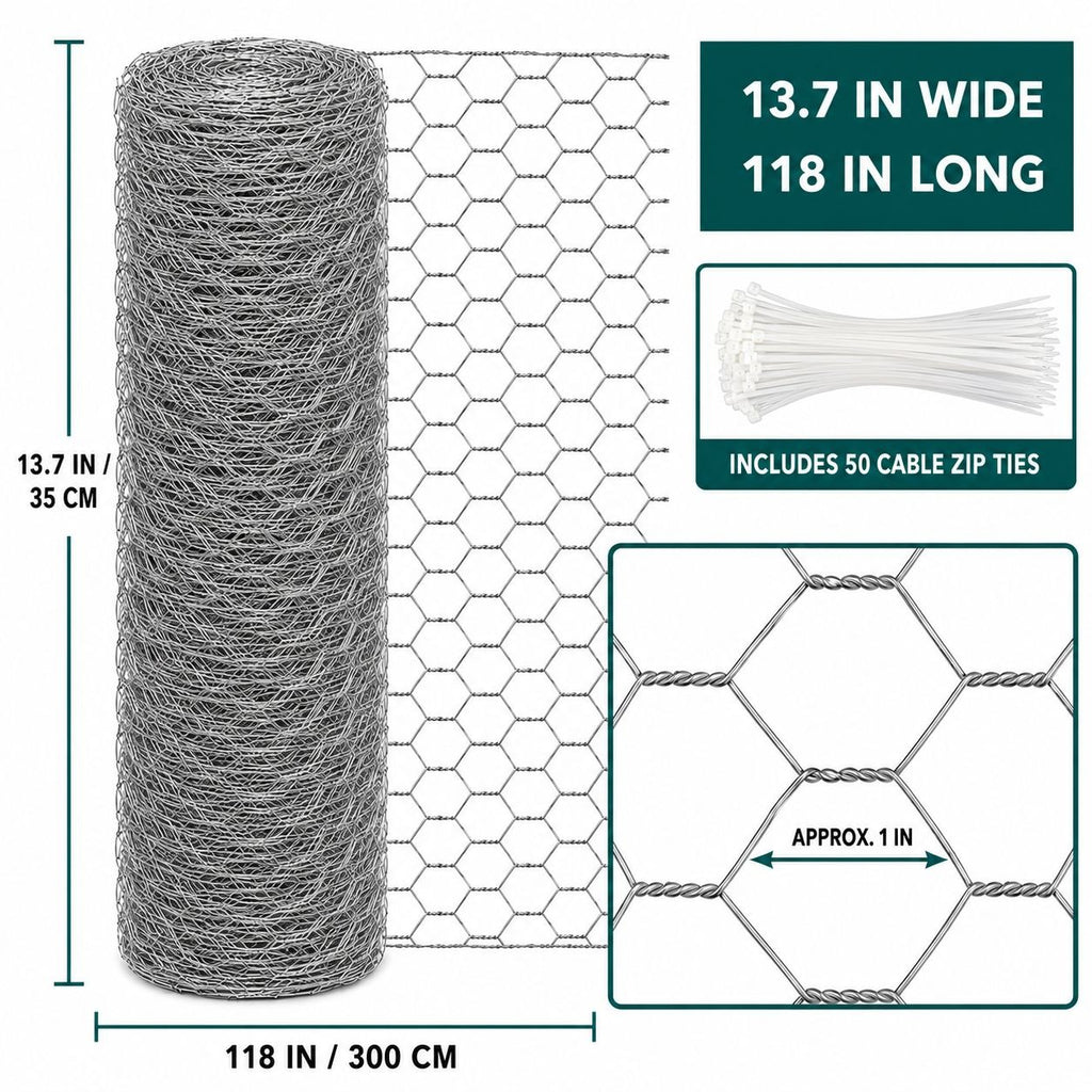 Galvanized Chicken Wire Roll with 50 Zip Ties, 13.7 In x 118 In Garden Mesh