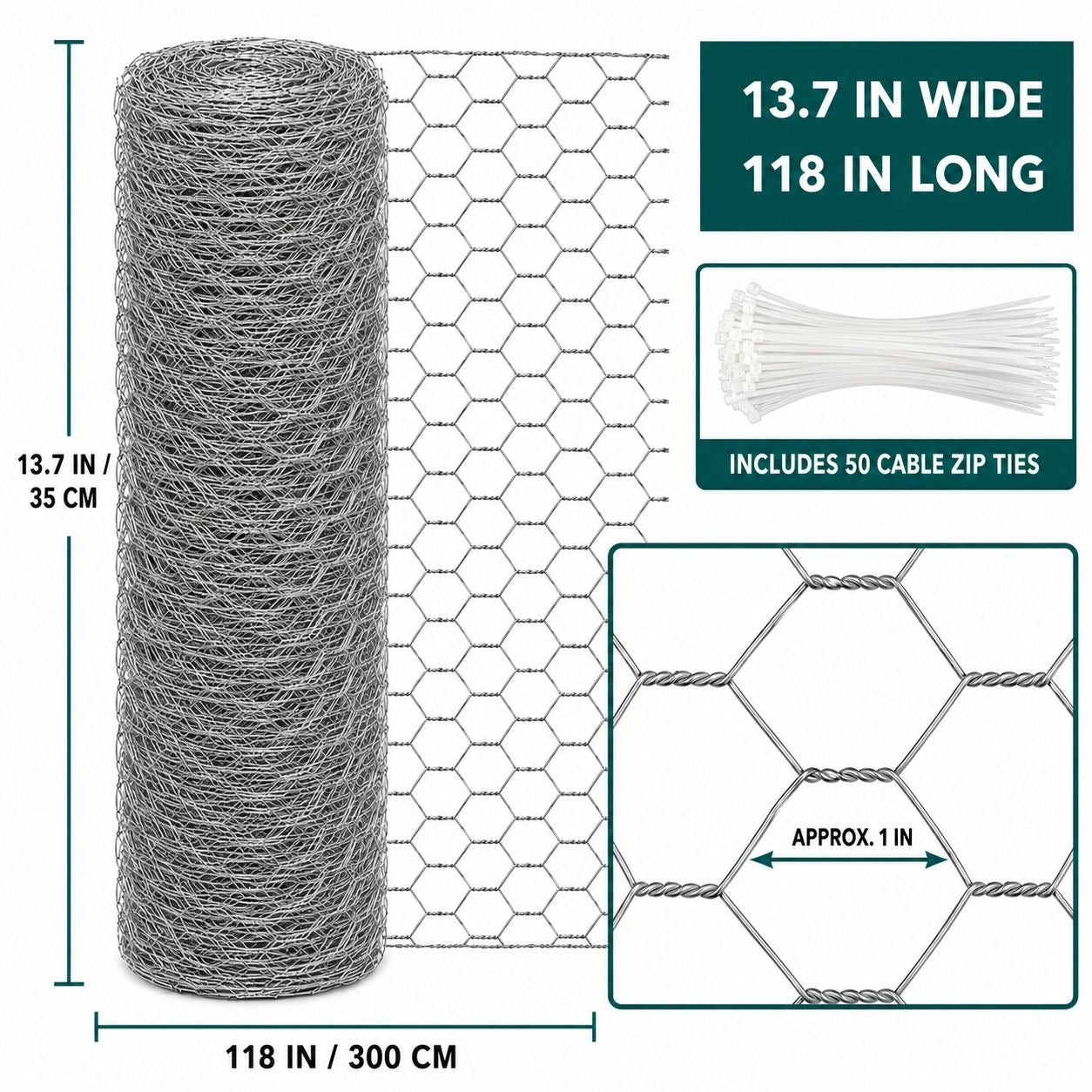 Galvanized Chicken Wire Roll with 50 Zip Ties, 13.7 In x 118 In Garden Mesh