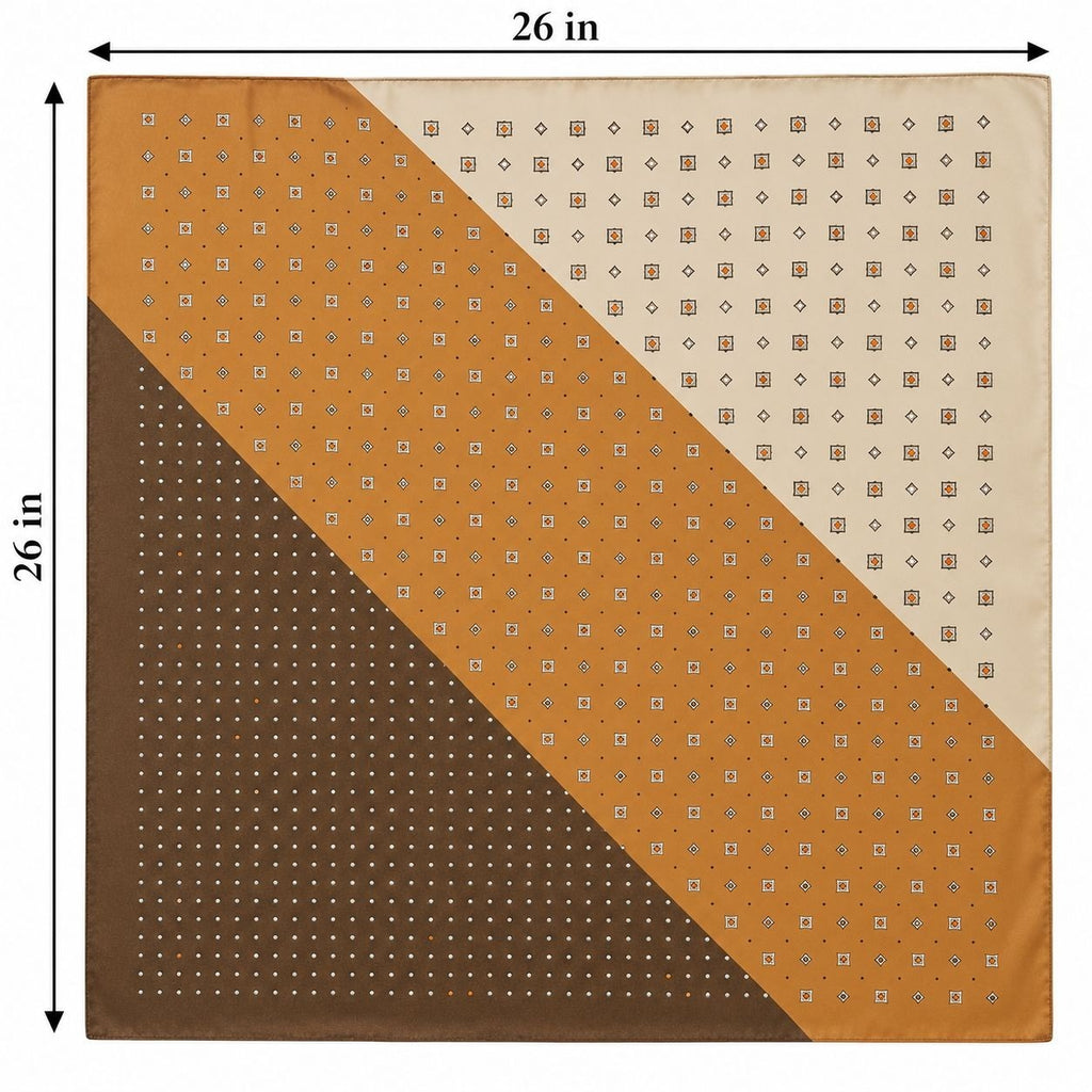 A square patterned satin scarf shown flat with dimension arrows indicating 26 in by 26 in. The design has three diagonal color blocks: dark brown at lower left, mustard/golden tan across the center, and warm cream at upper right.
