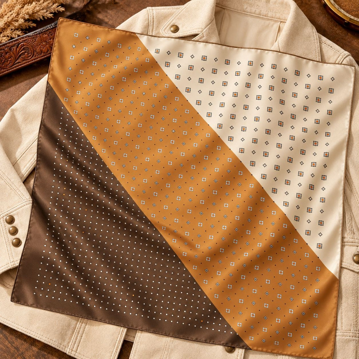 A square silk scarf with a geometric pattern, laid flat on top of a cream-colored denim jacket. The scarf features three main diagonal color-blocked sections: a dark brown section with tiny white dots, a mustard yellow section with small white and light blue diamond patterns, and a cream white section with small brown and blue geometric squares.