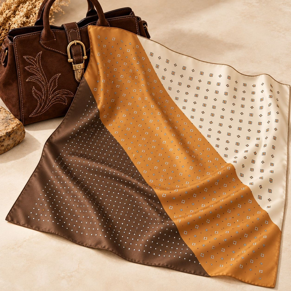 A square silk scarf with diagonal color-blocked panels in dark brown, mustard yellow, and cream, decorated with small geometric diamond patterns, styled next to a brown leather handbag on a beige surface.