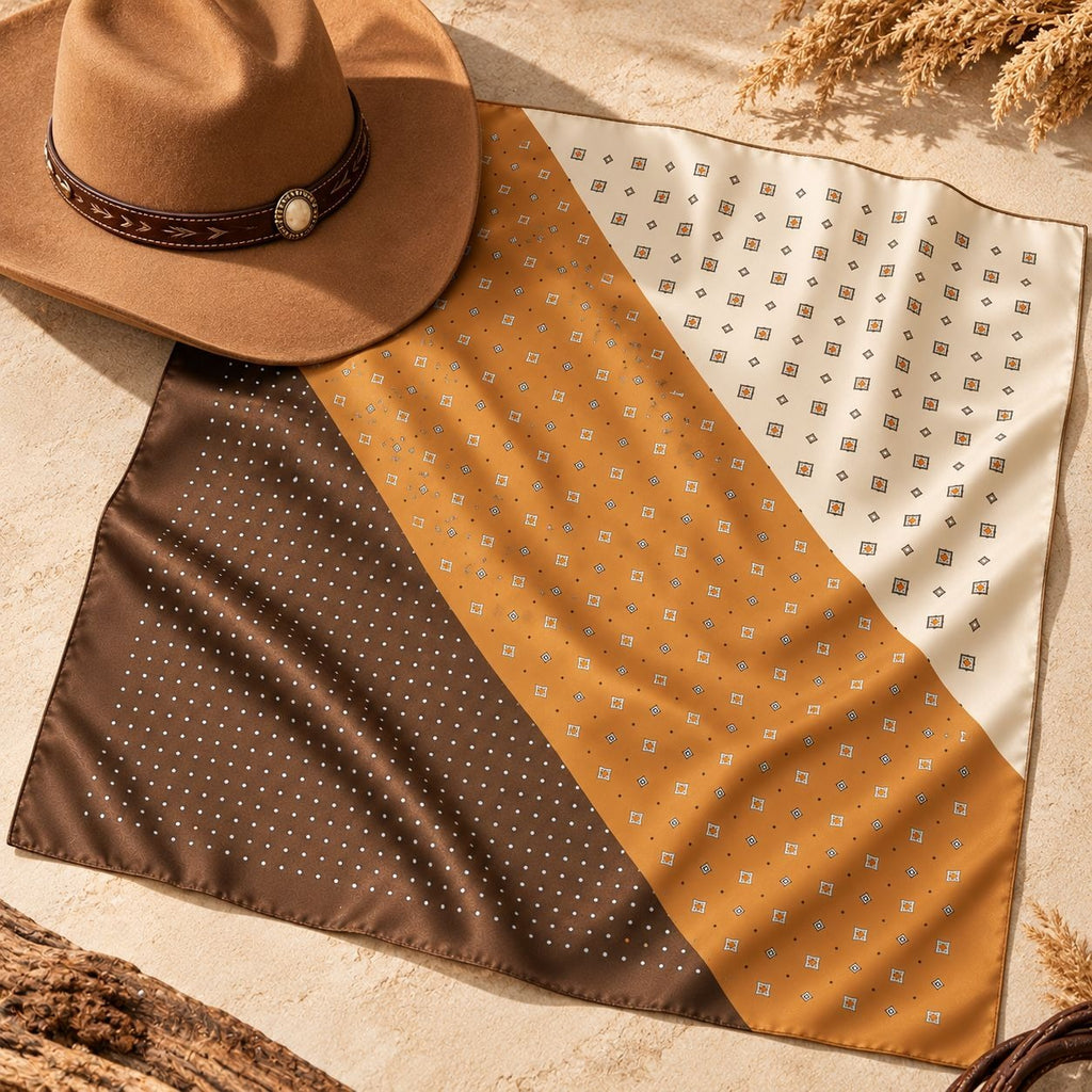 A square scarf laid flat on a sandy surface, styled with a tan cowboy hat. The scarf has three diagonal sections with geometric patterns: dark brown with white dots, mustard yellow with small blue and white diamond motifs, and cream with brown geometric shapes.