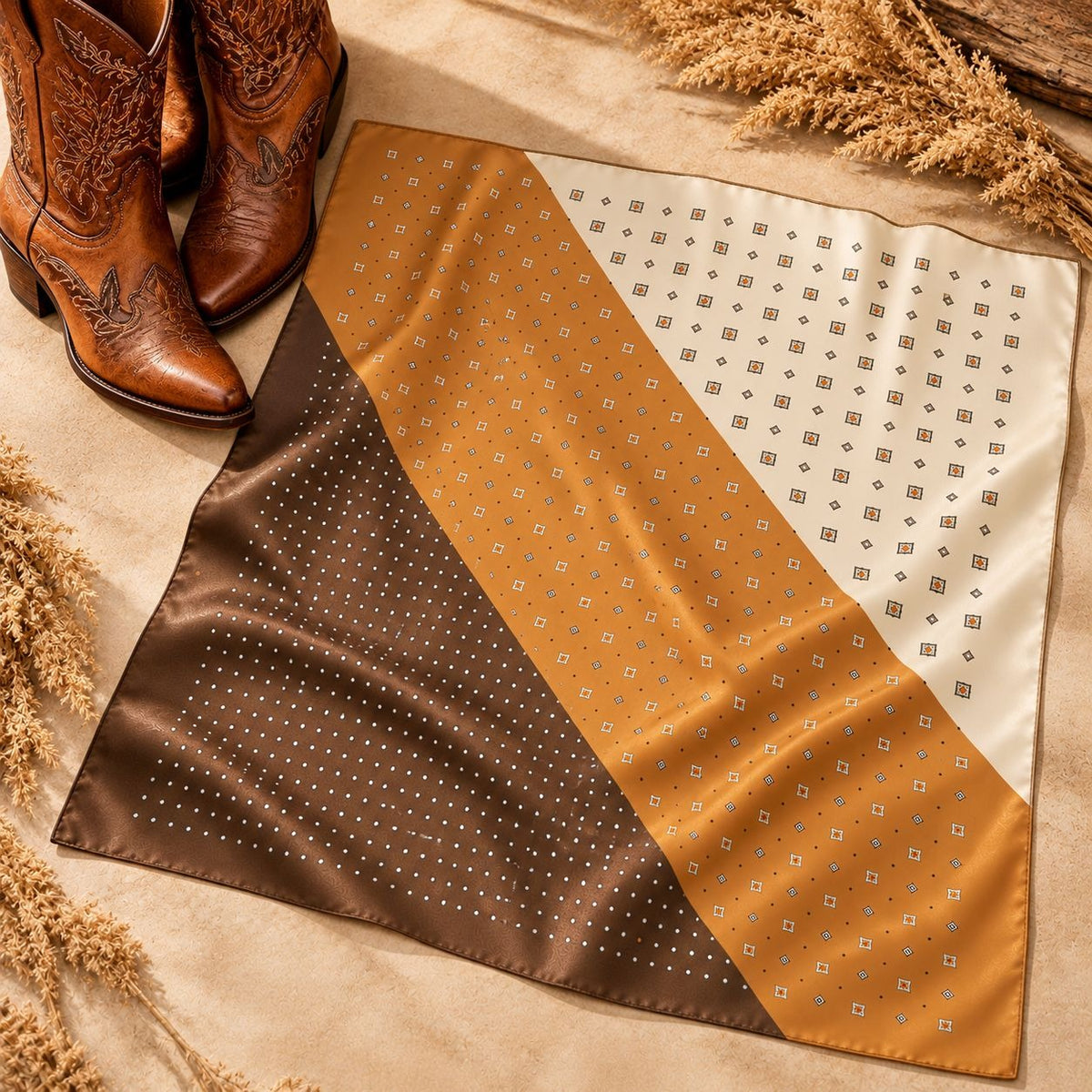 A square silk scarf with a geometric color-blocked pattern in brown, mustard yellow, and cream, styled on a beige fabric background next to brown leather cowboy boots and dried pampas grass.
