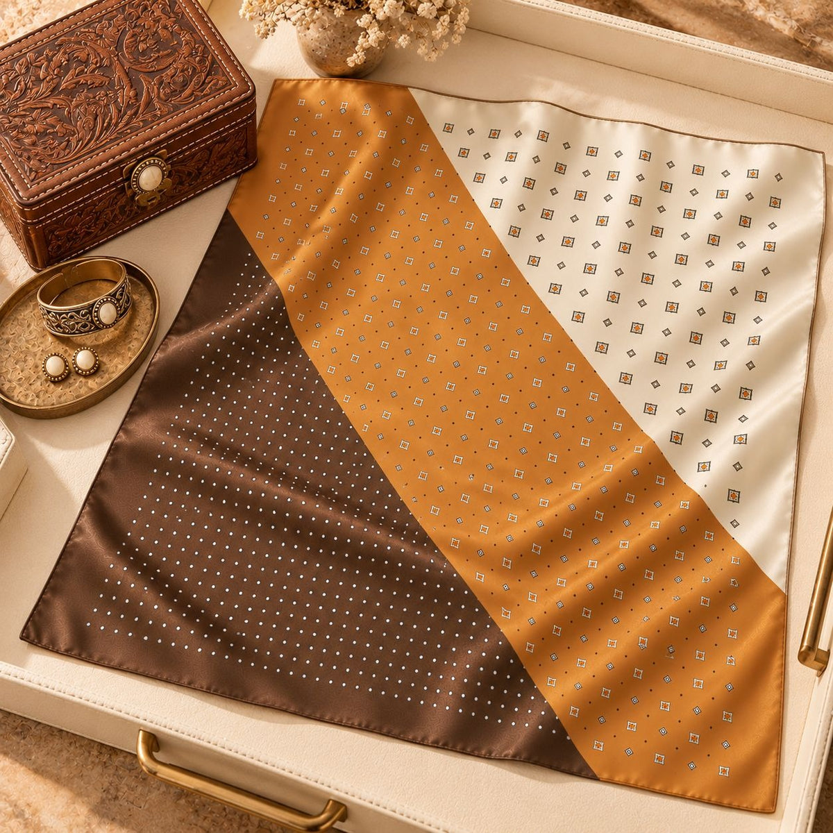 A luxury silk scarf with a geometric color-blocked pattern in brown, mustard yellow, and cream, styled in a warm, elegant flat-lay setting with a carved wooden box and gold jewelry.