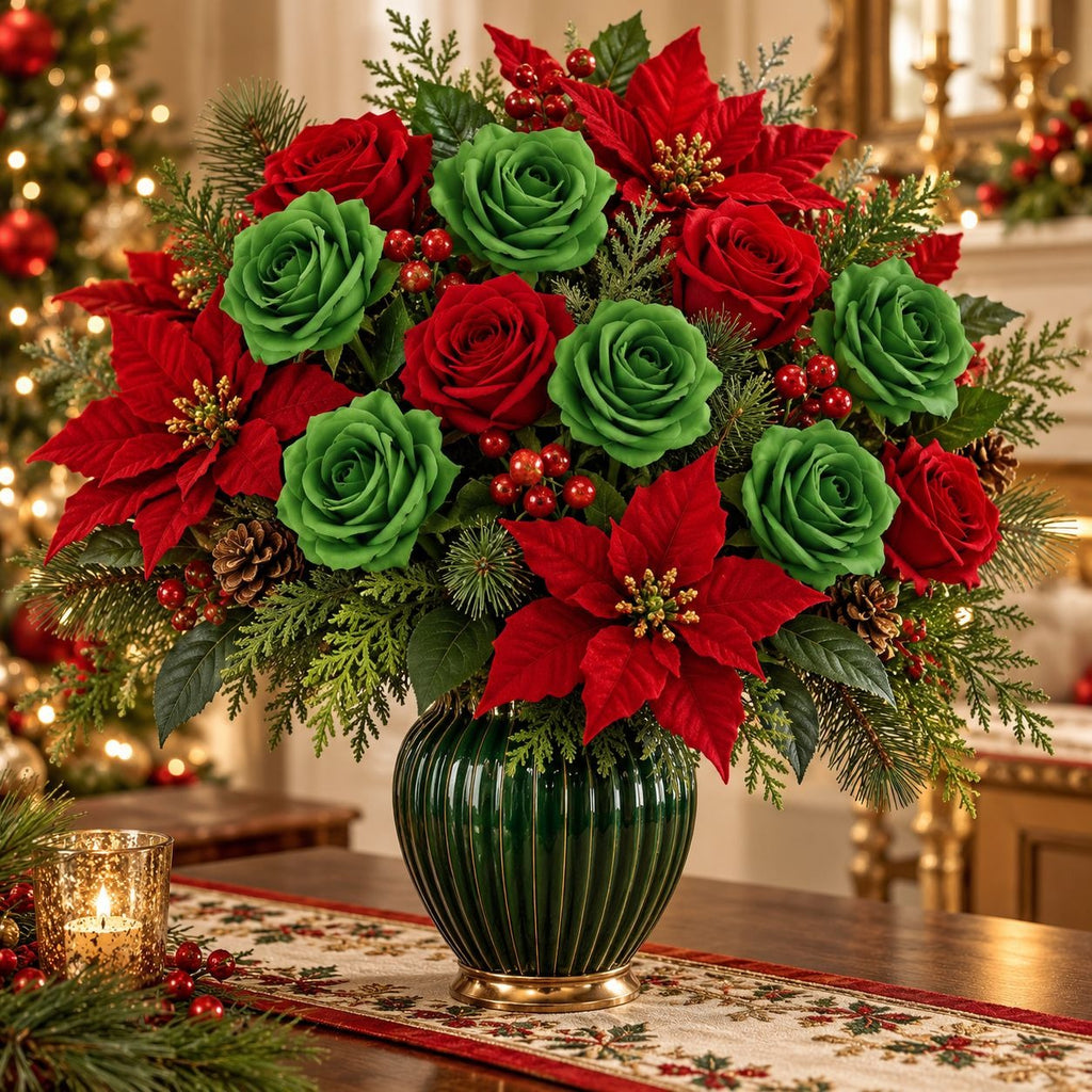 Christmas Green Artificial Silk Roses Set of 6, 19 Inch Wired Flower Stems
