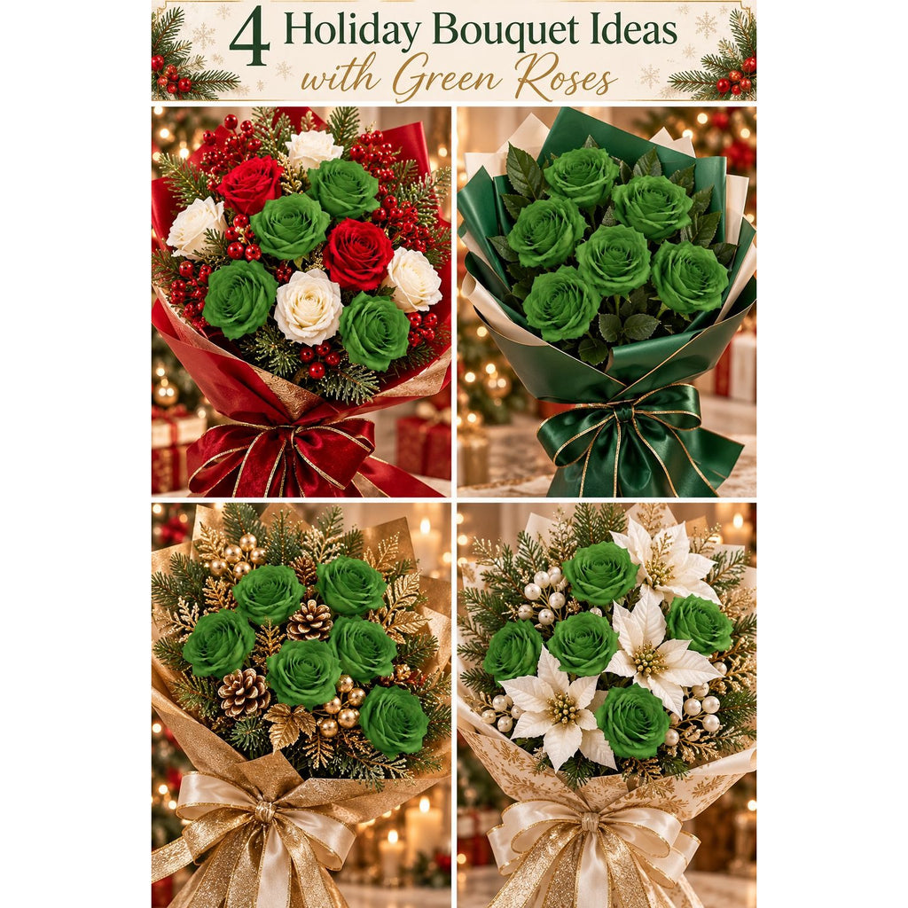 Christmas Green Artificial Silk Roses Set of 6, 19 Inch Wired Flower Stems