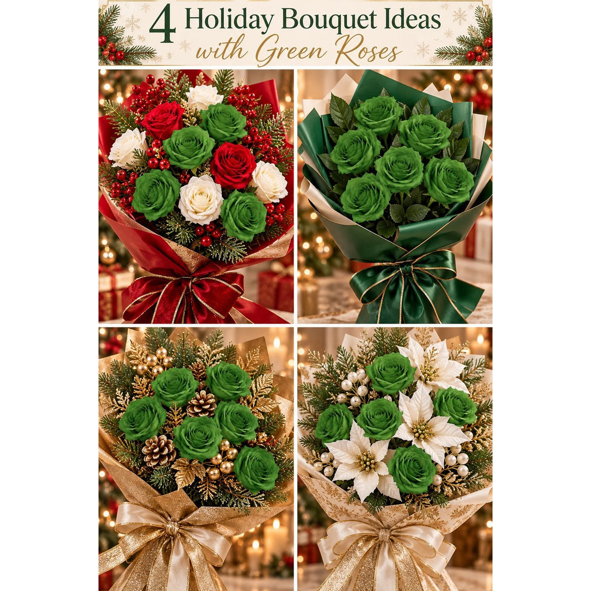 Christmas Green Artificial Silk Roses Set of 6, 19 Inch Wired Flower Stems