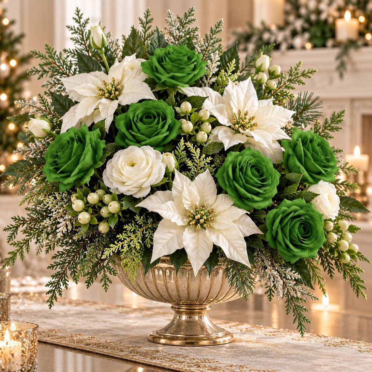 Christmas Green Artificial Silk Roses Set of 6, 19 Inch Wired Flower Stems