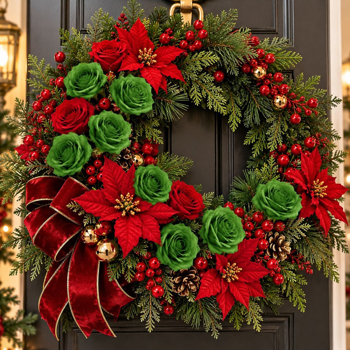 Christmas Green Artificial Silk Roses Set of 6, 19 Inch Wired Flower Stems
