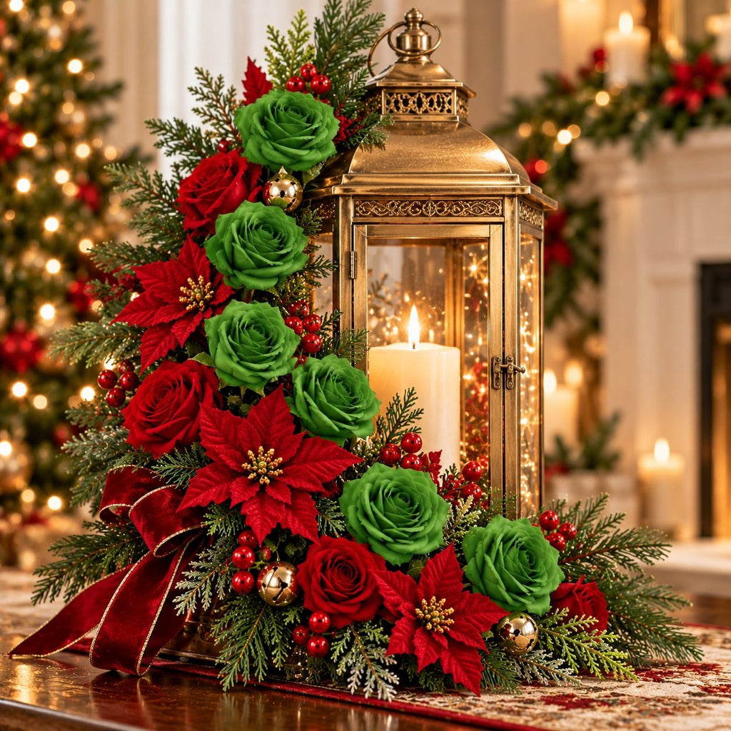 Christmas Green Artificial Silk Roses Set of 6, 19 Inch Wired Flower Stems