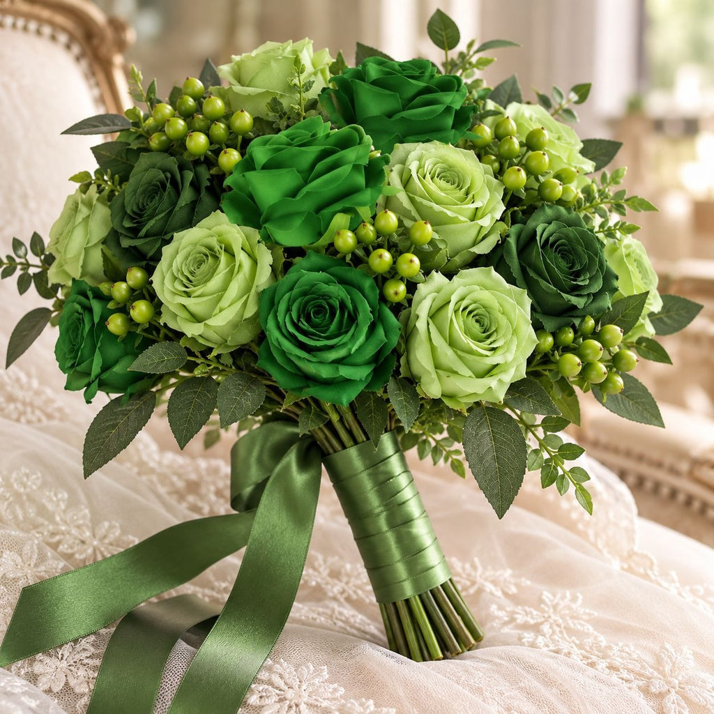 Christmas Green Artificial Silk Roses Set of 6, 19 Inch Wired Flower Stems