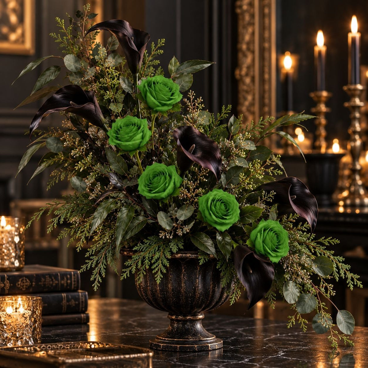 Christmas Green Artificial Silk Roses Set of 6, 19 Inch Wired Flower Stems