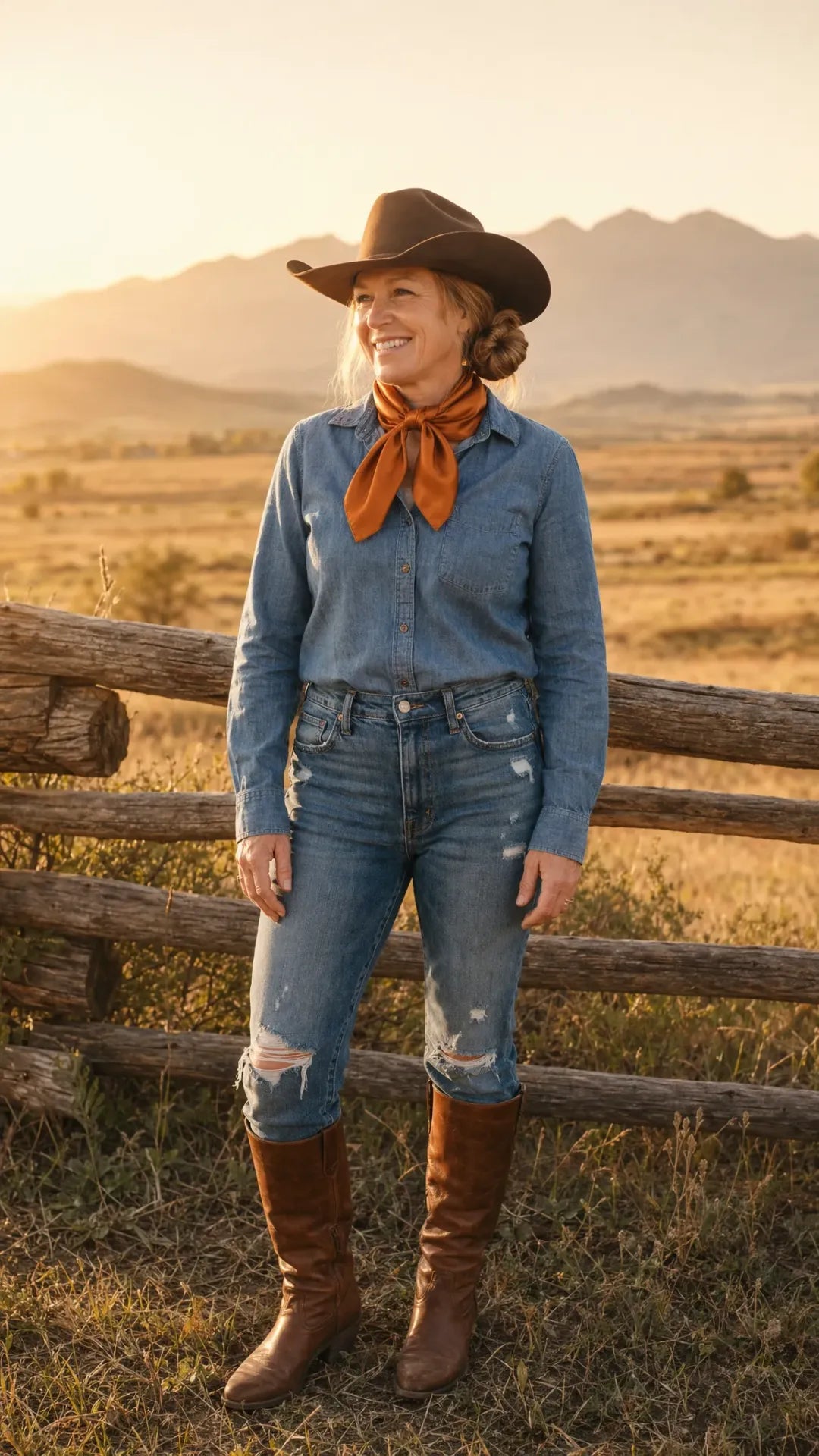 Burnt orange wild rag scarf worn by model in western lifestyle setting