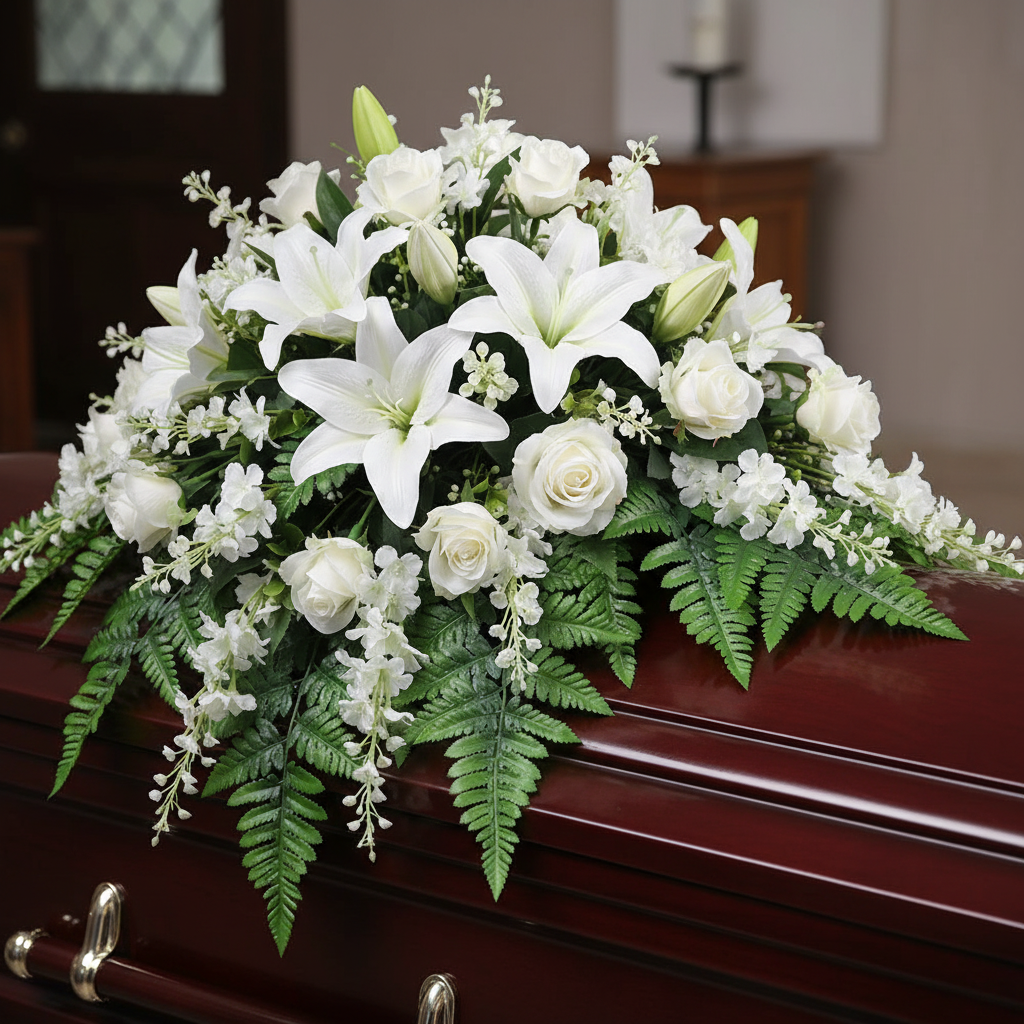 Casket spray with artificial fern stems and white lilies and roses