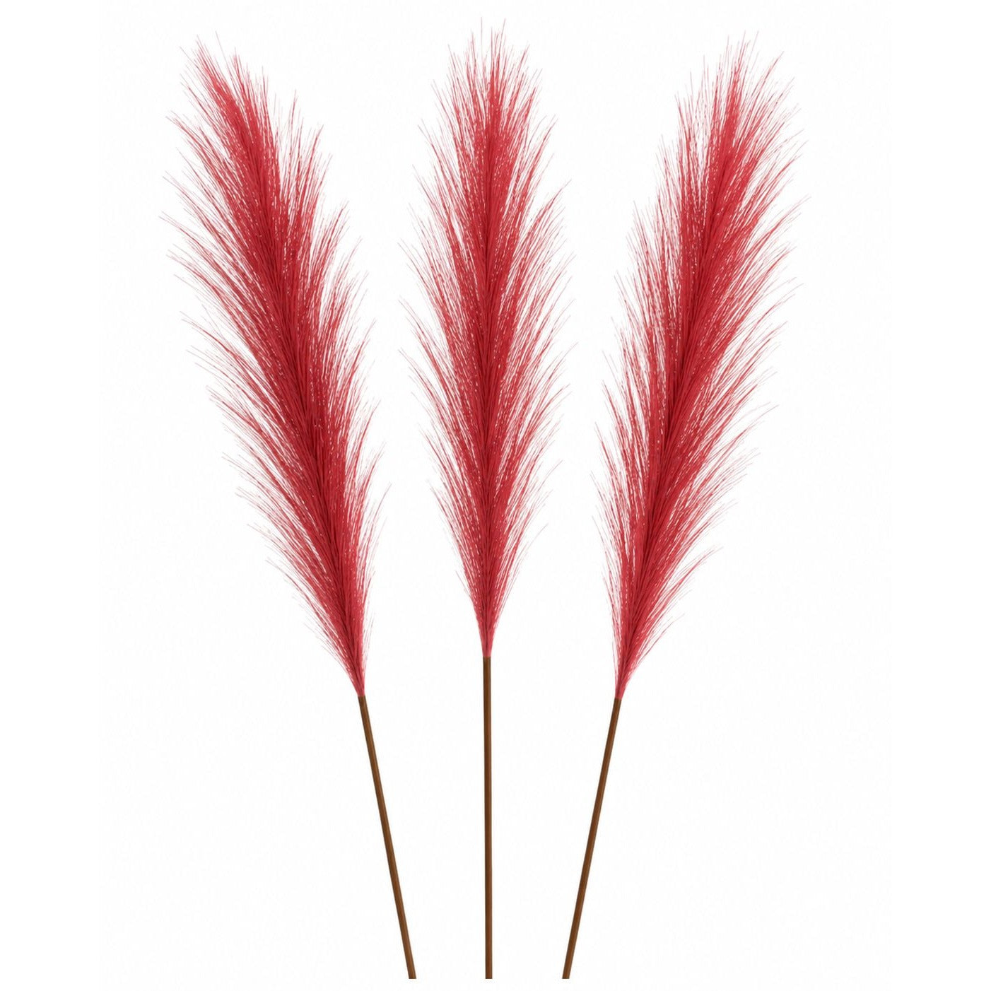Three artificial red pampas grass stems with brown stems, arranged vertically against a plain white background.