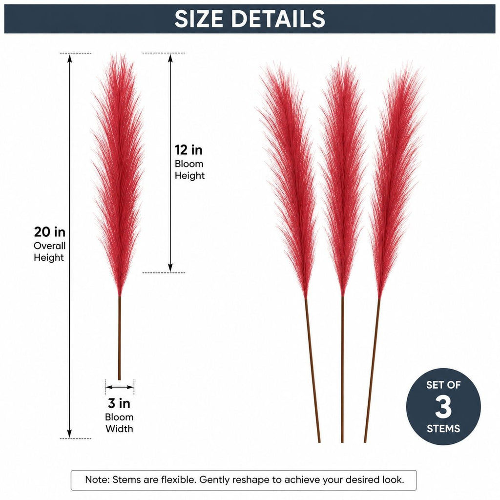 Size details diagram for artificial pampas grass stems, showing a single stem labeled 20 in overall height and 3 in bloom width, and a set of three stems labeled 12 in bloom height, on a white background with a dark blue header.
