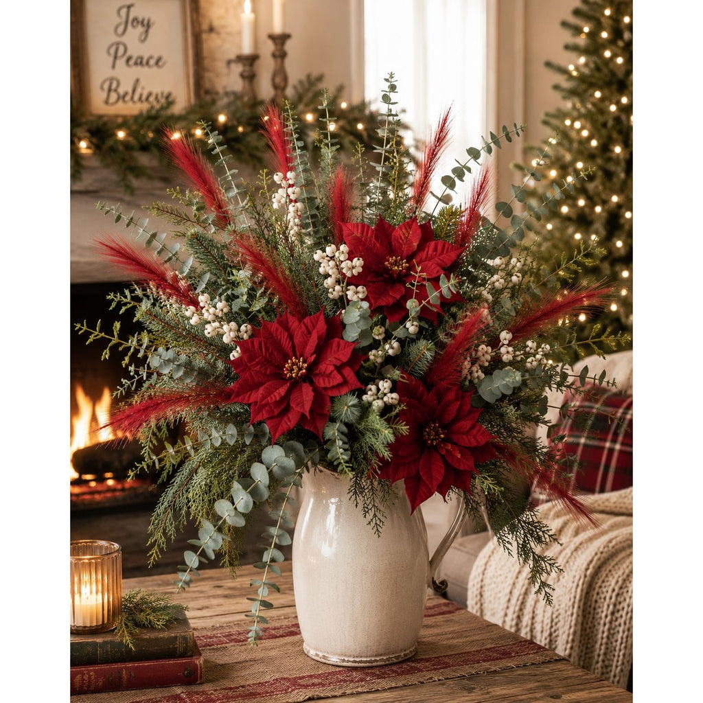 Red Artificial Pampas Grass Stems Set of 3, 20 Inch Faux Pampas Grass, Wispy Floral Filler, Farmhouse Vase Decor, Holiday Arrangement